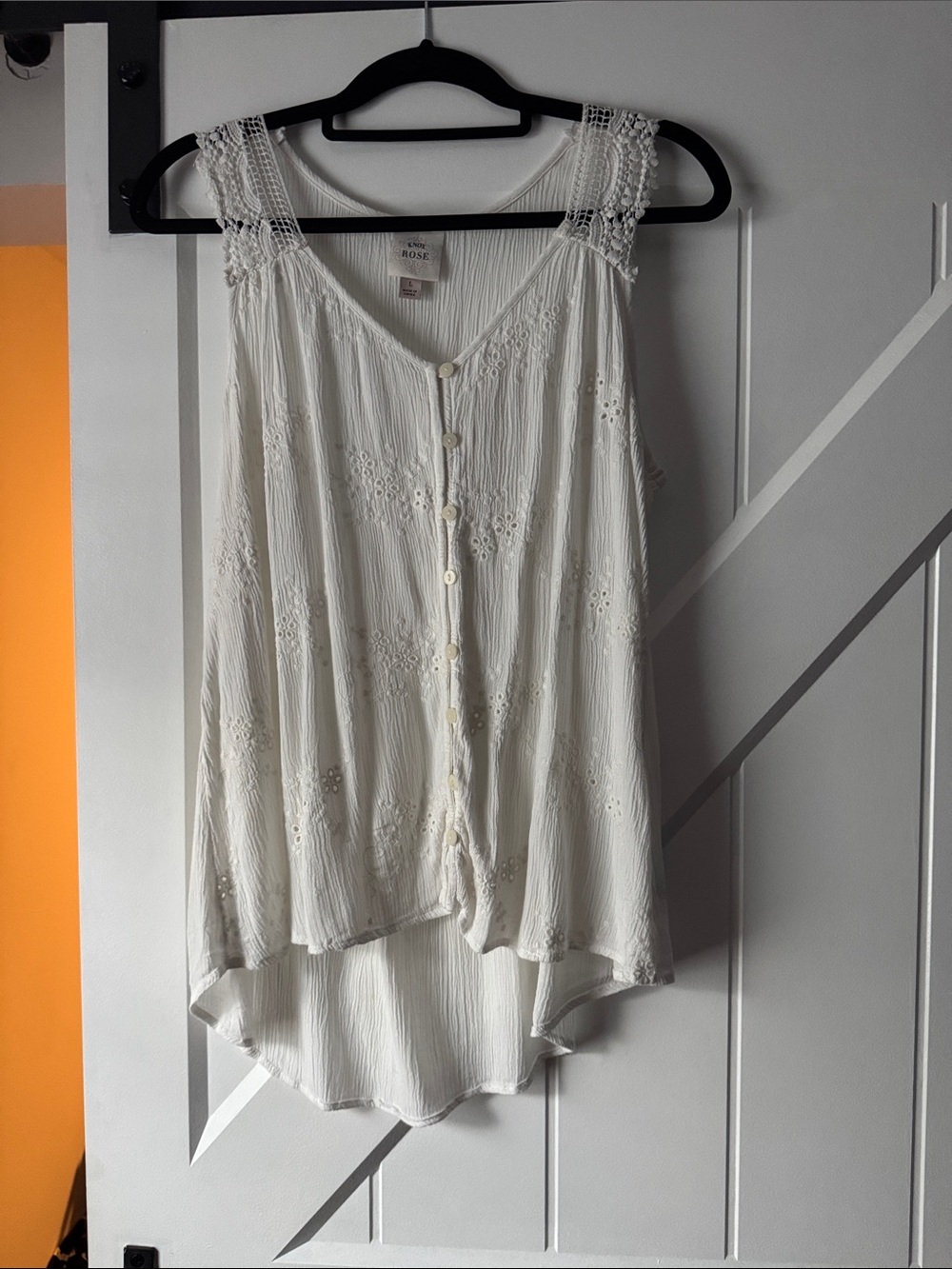 Knox Rose Boho White Crochet Strap Button-Front top
